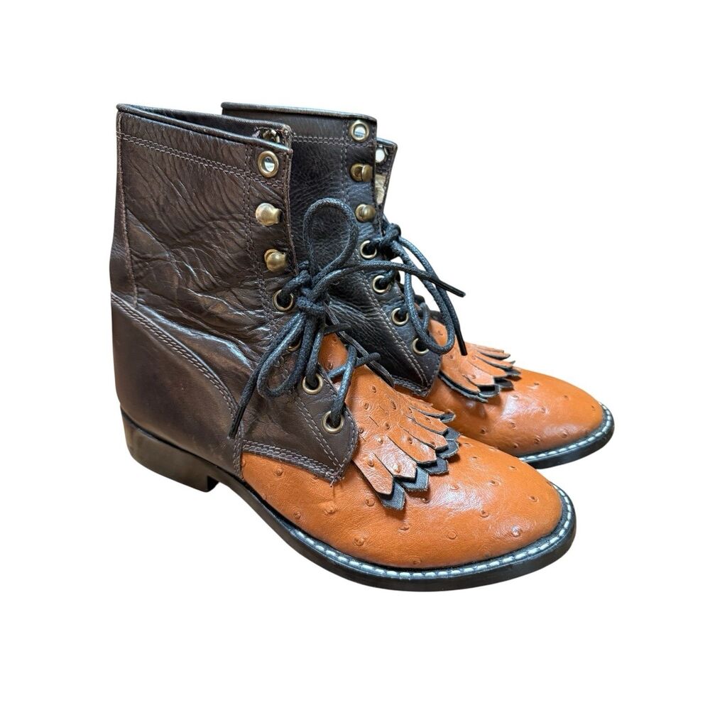 Dan Post Murphy Legend Ostrich Print Lace up Kids Boots Sz 3 Brown Leather Ankle